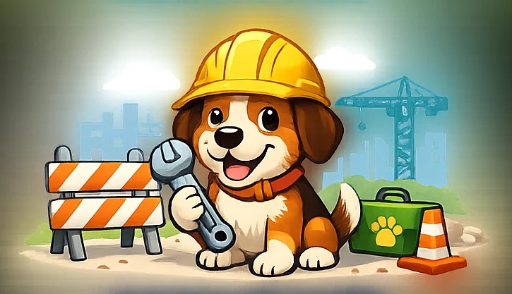 A cheerful dog wearing a construction hard hat and holding a wrench